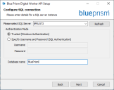 Digital Worker API Installation – Bildschirm „SQL-Verbindung konfigurieren“