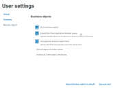 User settings Business objects tab
